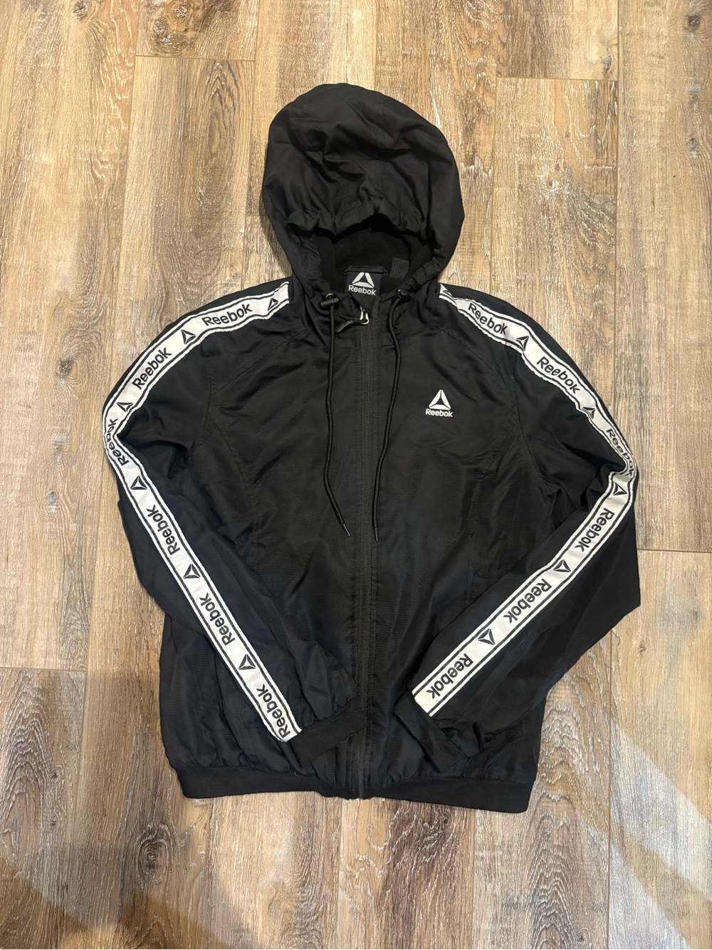Reebok Black Hooded Windbreaker with White Branded Sleeve Tape